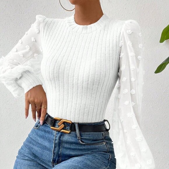 White Casual Women's Round Neck Slim-Fit Top With Mesh Contrast - Picture 3 of 6